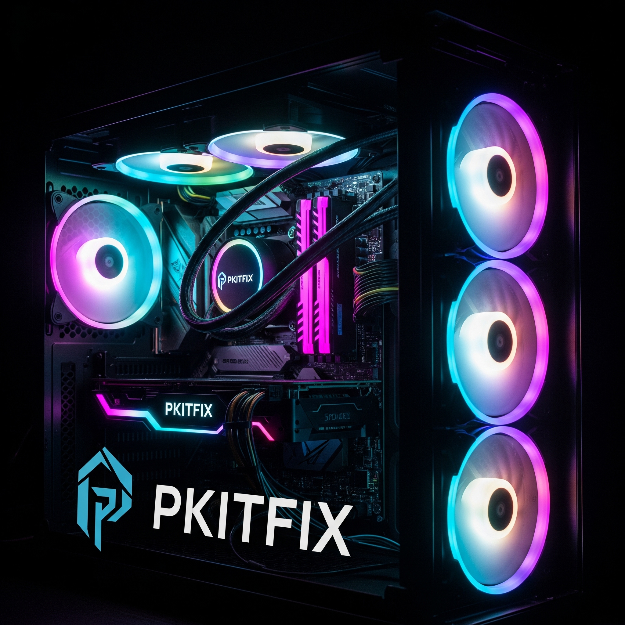 Computer with colorful fans and PKITFIX logo